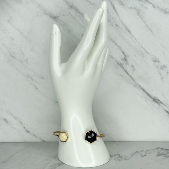 Gold Tone Black and White Geometric Cuff Bangle Bracelet - Picture 2 of 8
